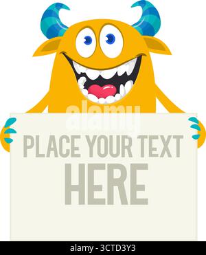 Catoon funny monster character holds banner paper sign for advertisement. Halloween illustration Stock Vector