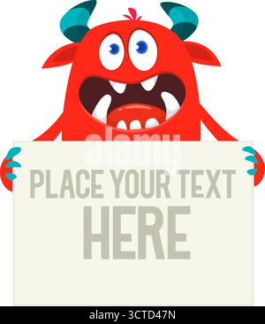 Catoon funny monster character holds banner paper sign for advertisement. Halloween illustration Stock Vector