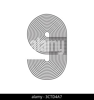 Number nine 9 linear in black thin striped lines isolated on white background. Graphic design vector illustration for Banner Greeting Card Annual Repo Stock Vector