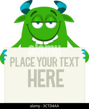 Catoon monster holding black sign with sample message on it Stock Vector