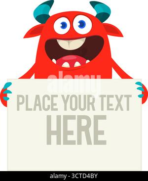 Catoon funny monster character holds banner paper sign for advertisement. Halloween illustration Stock Vector