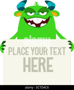 Catoon monster holding black sign with sample message on it Stock Vector