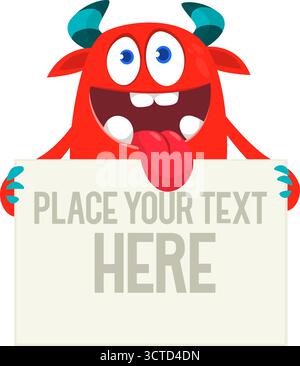 Catoon funny monster character holds banner paper sign for advertisement. Halloween illustration Stock Vector