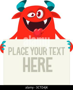 Catoon funny monster character holds banner paper sign for advertisement. Halloween illustration Stock Vector