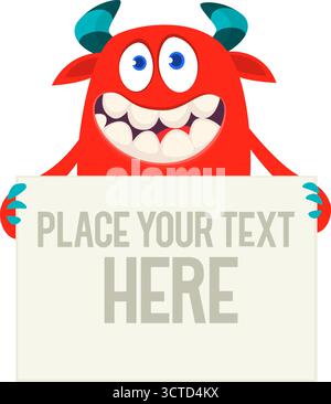 Catoon funny monster character holds banner paper sign for advertisement. Halloween illustration Stock Vector