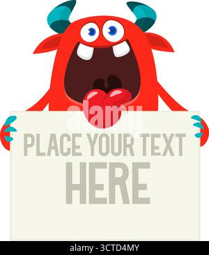 Catoon monster holding black sign with sample message on it Stock Vector