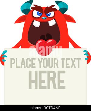 Catoon monster holding black sign with sample message on it Stock Vector