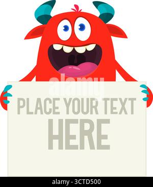 Catoon funny monster character holds banner paper sign for advertisement. Halloween illustration Stock Vector