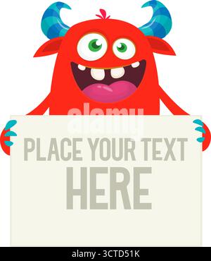 Catoon funny monster character holds banner paper sign for advertisement. Halloween illustration Stock Vector