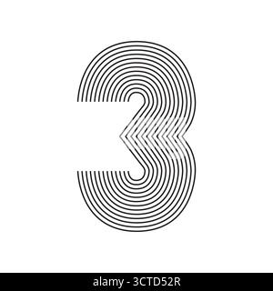Number three 3 Line Art in black thin lines striped isolated on white background. Graphic design vector illustration for Banner Greeting Card Annual R Stock Vector