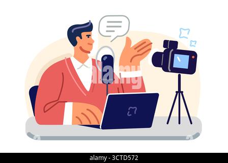 Content creator filming with camera and microphone. Social media influencer creating video content Stock Vector