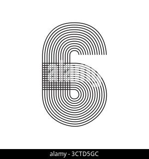 Geometric Number six 6 Line Art in black thin striped lines isolated on white background. Graphic design vector illustration for Banner Greeting Card Stock Vector