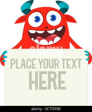 Catoon funny monster character holds banner paper sign for advertisement. Halloween illustration Stock Vector