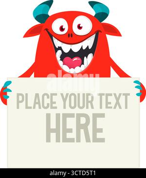 Catoon monster holding black sign with sample message on it Stock Vector