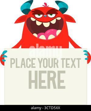 Catoon funny monster character holds banner paper sign for advertisement. Halloween illustration Stock Vector