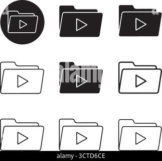 Nine black folder icons with play buttons on transparent background silhouette Stock Vector