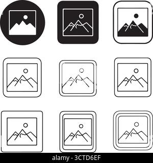 Nine black frame icons depicting mountains with sun on transparent background silhouette Stock Vector