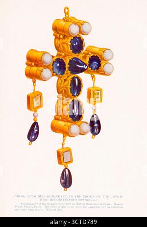 CROSS, ATTACHED AS PENDANT TO THE CROWN OF THE GOTHIC KING RECCESVINTHUS (649-672 a.p.). Forming part of the treasure discovered in 1858 at Guarrazar in Spain. Now in Musée Cluny, Paris. The cross proper is set with fine sapphires cut en cabochon and eight large pearls. Natural size. from ' The curious lore of precious stones ' being a description of their sentiments and folk lore, superstitions, symbolism, mysticism, use in medicine, protection, prevention, religion, and divination ; crystal gazing, birthstones, lucky stones and talismans, astral, zodiacal, and planetary by Kunz, George Frede Stock Photo