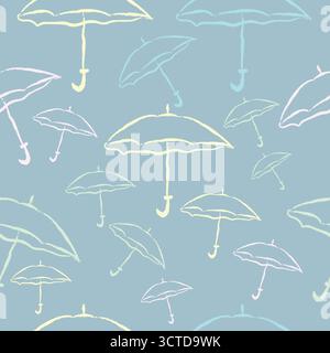 Hand Drawn Umbrellas Seamless Pattern on Blue Background Vector Illustration Stock Vector