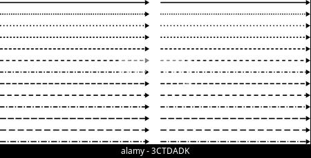 Long arrow line. Straight vector thin icon up or down. Horizontal dotted elements. Dash path to indicate direction. Stock Vector