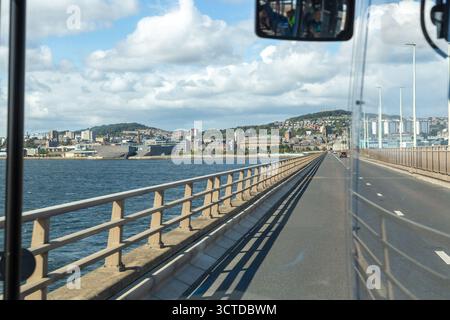 Crossing the Tay Road Bridge on a Bus heading towards Dundee City, Scotland, UK Stock Photo