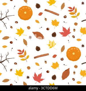 Autumn seamless pattern. Hand drawn cozy autumn theme doodle texture. Autumn colors vector background. Stock Vector