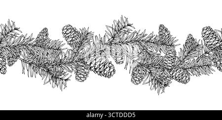 Spruce branches with cones monochrome vector seamless banner painted by black inks. Winter Christmas pine twigs etching drawing for holiday textile Stock Vector