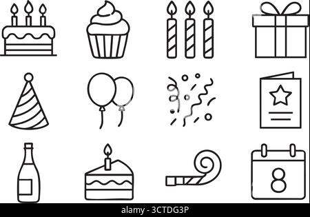 Simple birthday icons: cake, candle, balloon, hat, gift, banners, cupcake, sparkler. Stock Vector
