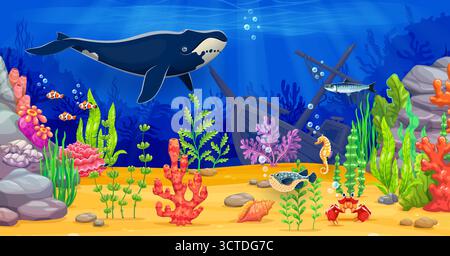 Underwater sea landscape with wooden sunken ship or boat, cartoon ...
