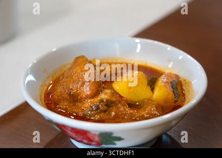 Close-up of a hearty Malaysian chicken curry served in a white bowl with a red floral design. The dish features tender chicken pieces and potatoes sim Stock Photo