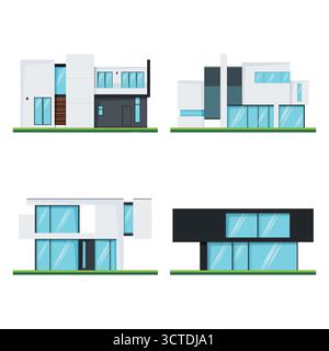 A set of four modern houses or residential buildings. Exterior designs of modern homes and architecture. Flat design vector illustration of townhouses Stock Photo