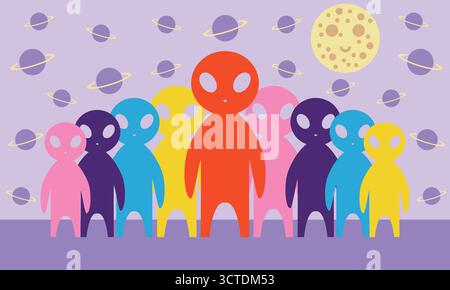A lively illustration of colorful, friendly aliens gathering together with happy faces and unique designs. Perfect for sci-fi art, children’s themes, Stock Vector