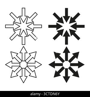 Starburst arrow collection. Six direction pointers. Abstract black Vector signs. Navigation flow symbols. EPS 10. Stock Vector