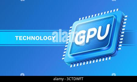 Sleek GPU processor chip on a dynamic blue technology background. Vector illustration. Stock Vector