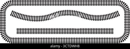 Set of railroad elements top view. Train track straight and waved path, rectangle frame isolated on white background. Fence or ladder textures. Vector Stock Vector