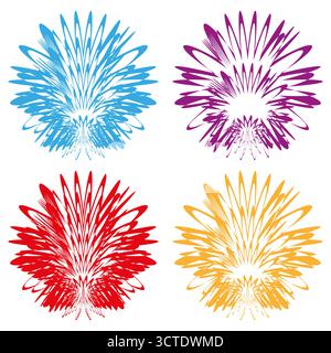 Abstract radial bursts. Colorful explosion shapes. Dynamic firework Vector. White background set. EPS 10. Stock Vector