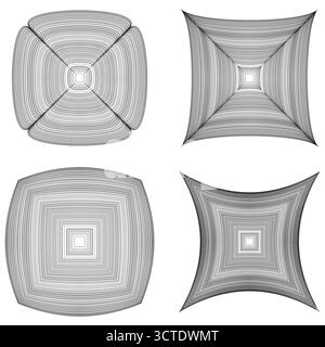 Linear spiral elements. Four squared shapes. Gray line pattern. Vector abstract forms. EPS 10. Stock Vector