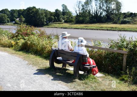 Couple sitting on bench admiring the view in front of Carew Castle, Tenby, Pembrokeshire, Wales Stock Photo