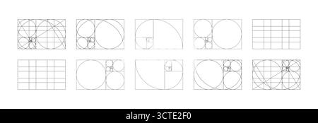 Golden ratio samples. Fibonacci array, numbers forms. Harmony proportions black frames big set. Method golden section flat icons. Golden Spiral Stock Vector