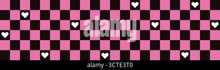 Emo Heart Checkerboard Background. A checkered pattern with chess elements for a retro plaid and japanese style bg. Pink and black colors with hearts. Stock Vector