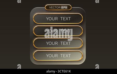 Stylish dark gray UI menu panel with glossy golden framed buttons, perfect for user interface design. Vector illustration Stock Vector