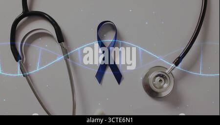 Presenting blue awareness ribbon glowing on table, with stethoscope and DNA helix overlay Stock Photo