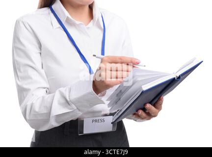 Journalist taking notes on white background, closeup Stock Photo