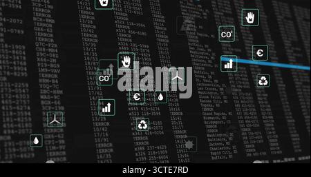 Displaying network of floating CO2, euro, recycling icons in virtual dashboard with blue lines Stock Photo