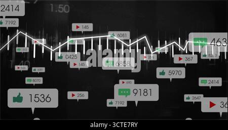 Displaying abstract visualization in dark dashboard, with white line graph and social metrics icons Stock Photo