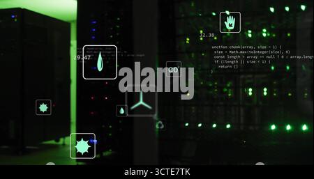 Monitoring server racks emitting green LED in data center with holographic icons and scrolling code Stock Photo