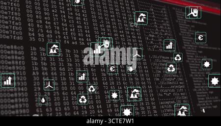 Displaying floating green sector icons over dark dashboard, with hex code and programming text Stock Photo