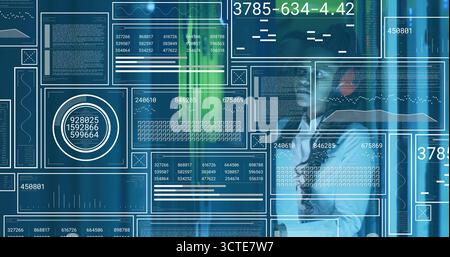 Analyzing woman wearing blouse holding smartphone and reviewing data panels at office with metrics Stock Photo