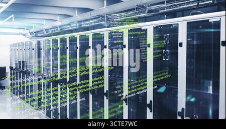 Displaying server racks with glass doors under fluorescent lights in data center, with code overlay Stock Photo