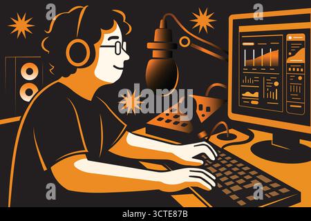 Flat-style digital illustration of a male content creator speaking into a microphone while live streaming or podcasting at a computer desk in a modern Stock Vector